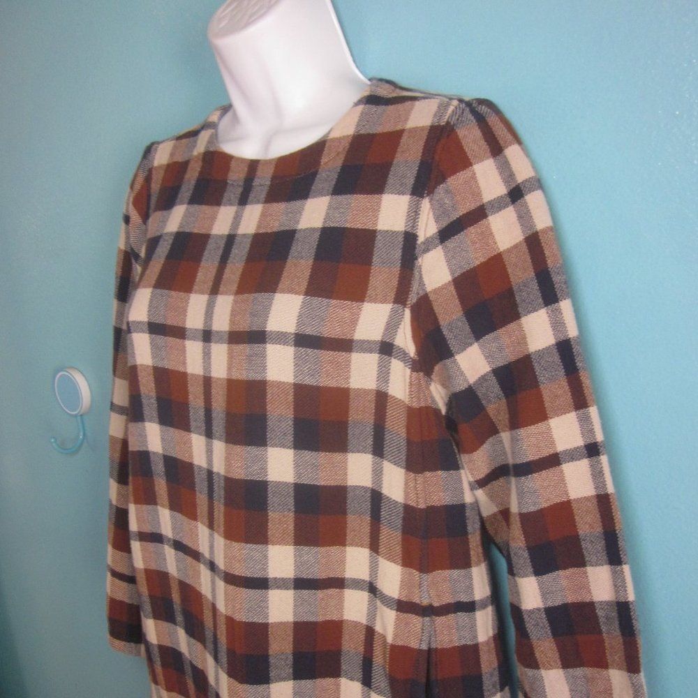 45R Japan Womans M Woven Cotton Plaid Oversized Dress in Brown & Navy